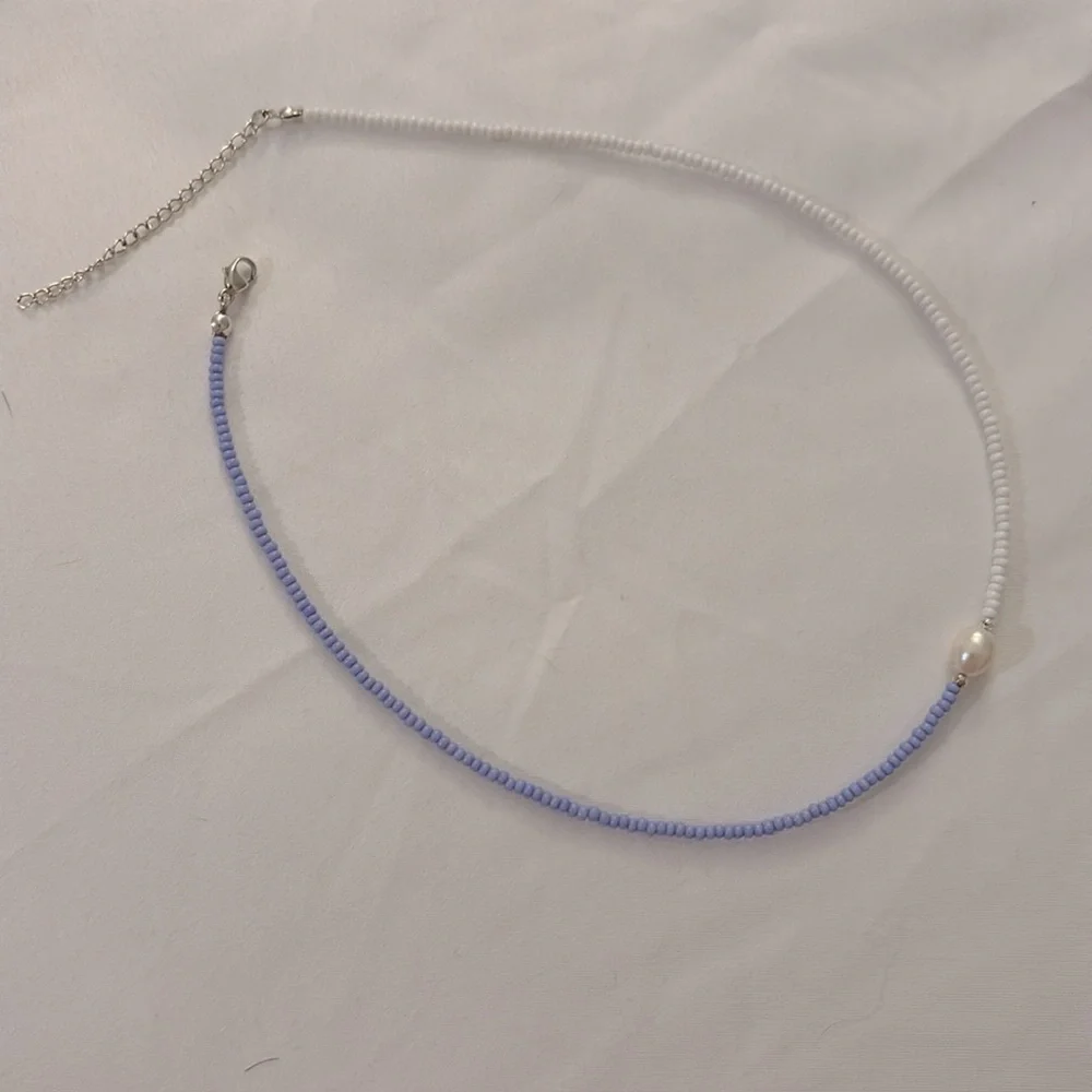 Freshwater Pearl Necklace with Blue / Periwinke Seed Beads